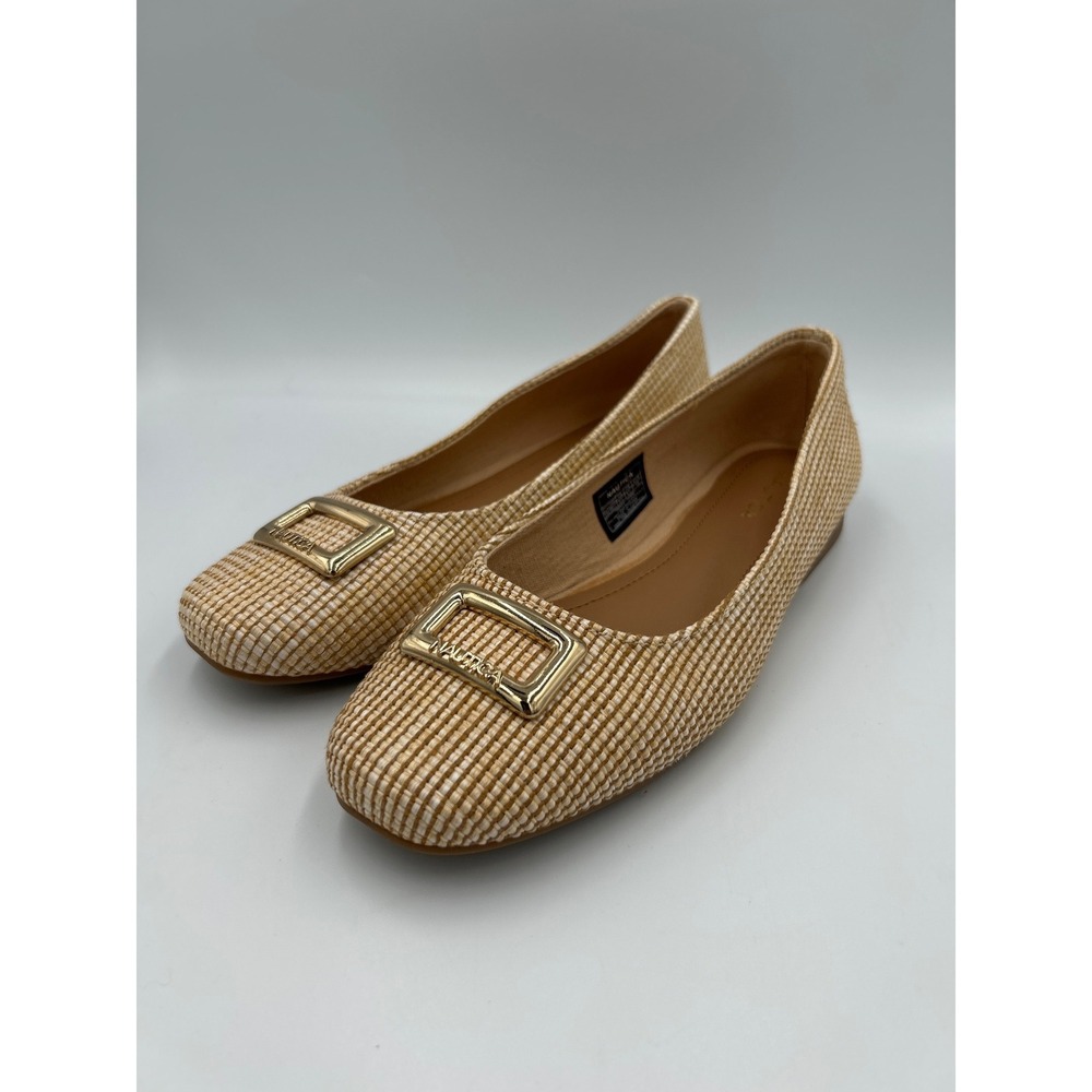 Nautica Womens Woven Raffia Ballet Flats Tan Cream Gold Buckle Square Toe Shoes